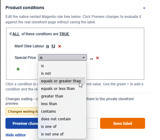 Product Label conditions
